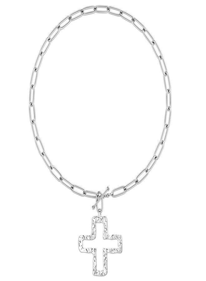 TEN MIRO Silver Chunky Cross Necklace for Women Non Tarnish Cross Choker Necklaces Hammered Bold Statement Necklace Stacks Chunky Silver Chain Stacked Paperclip Necklaces - Image 1